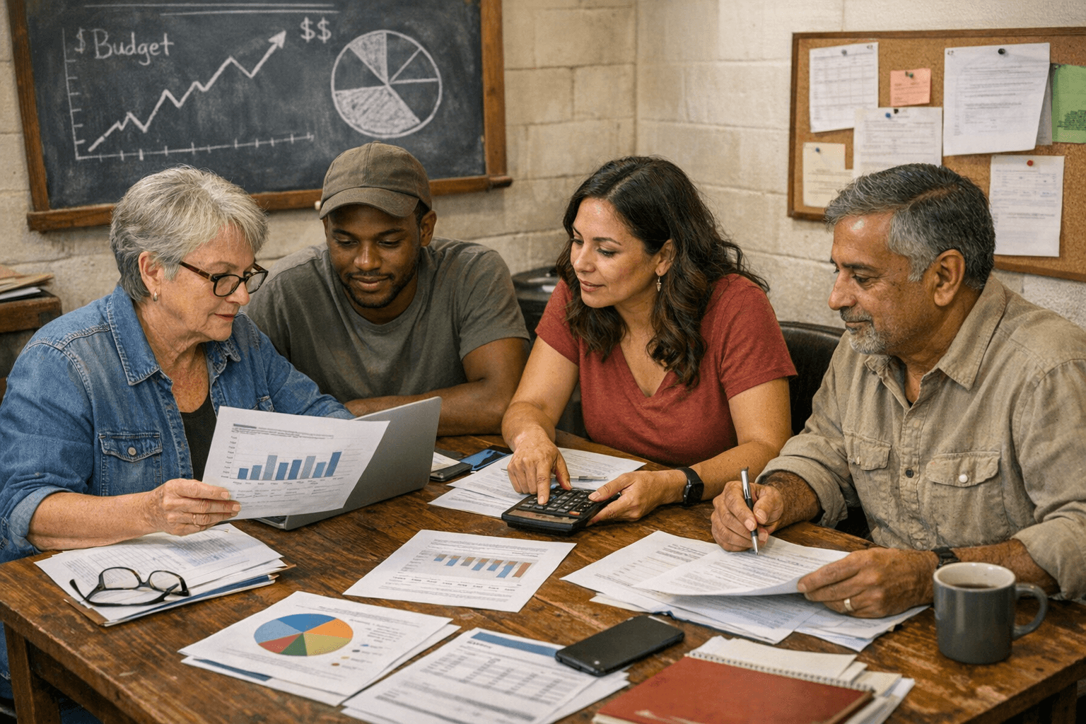Grassroots non-profit organization reviewing financial documents in a modest setting